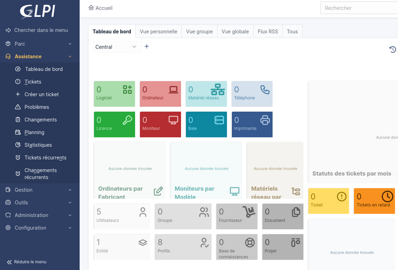 Capture d'écran de l'interface principale de GLPI