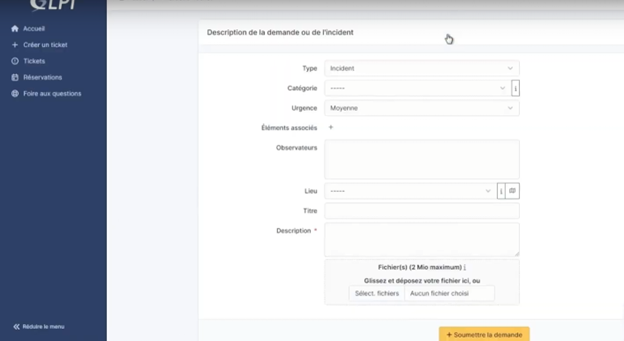 Capture d'écran de la création d'un ticket d'incident dans GLPI