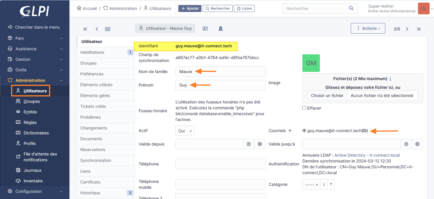 Capture d'écran de la création d'un utilisateur dans GLPI